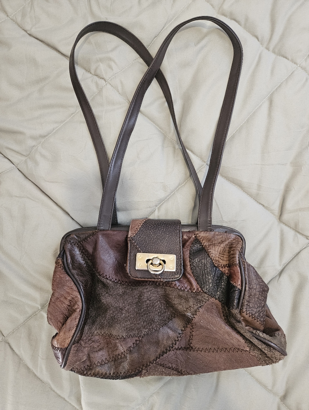 Vintage Leather Patchwork Shoulder Bag | Unique Boho Pocketbook Clasp Purse